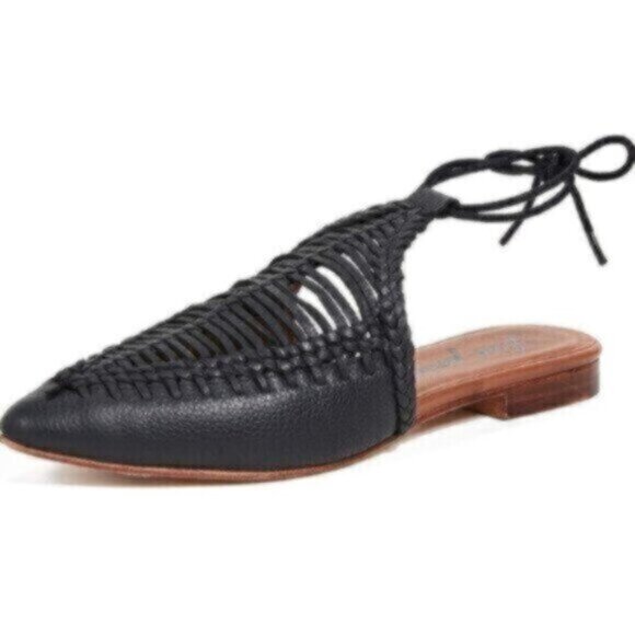 FREE PEOPLE Dana Woven Leather Flats Black Ankle Tie Mules Sz 7.5 - Picture 1 of 10